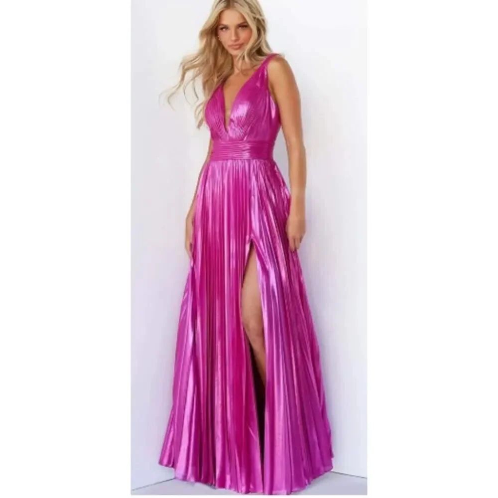 NWT Jovani Pleated High Slit Hot Pink Gown Sz. 4